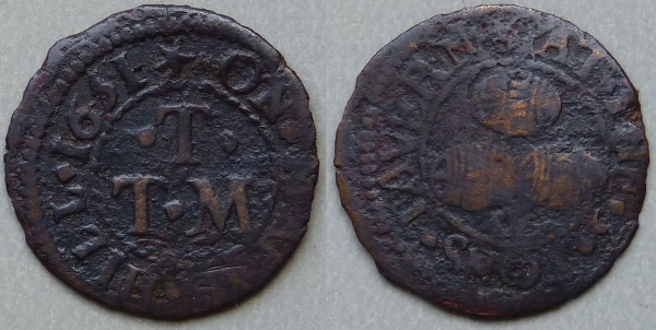 St. Mary at Hill, T T (M) AT THE 3 TONS TAVERN 1651 farthing